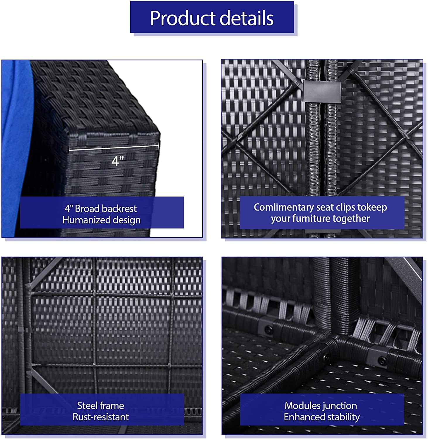 Sunvivi 3PCS Wicker Patio Armless Sofa Chairs with Wicker Coffee Table, Create the Patio of Your Dreams With Our Modular Furniture Sets, Black and Blue, PE Wicker