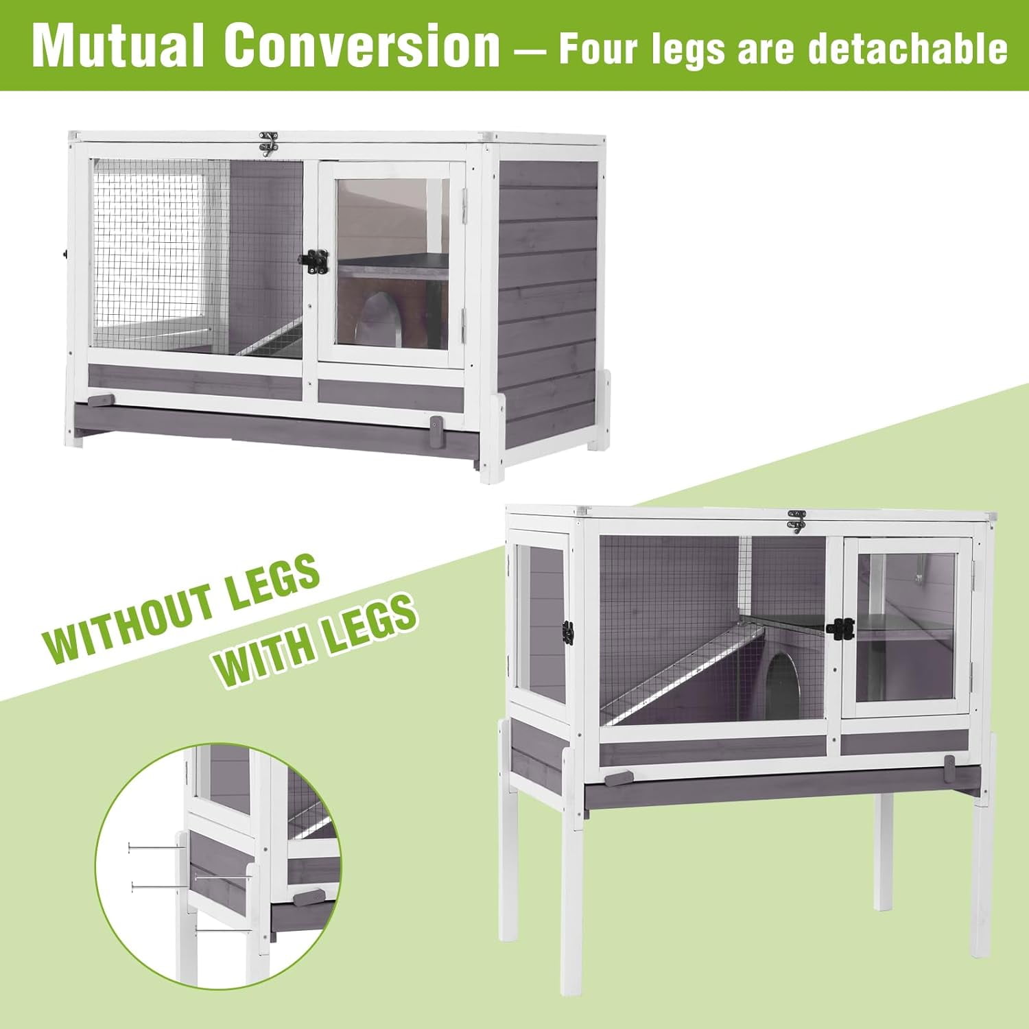 Aivituvin Indoor Guinea Pig Cage Rabbit Hutch with Chew-Proof Ramp, 2-Story Wooden Bunny House with Pull-Out Trays & Leakproof PVC Layer, Small Animal Cages with Detachable Legs (Gray)