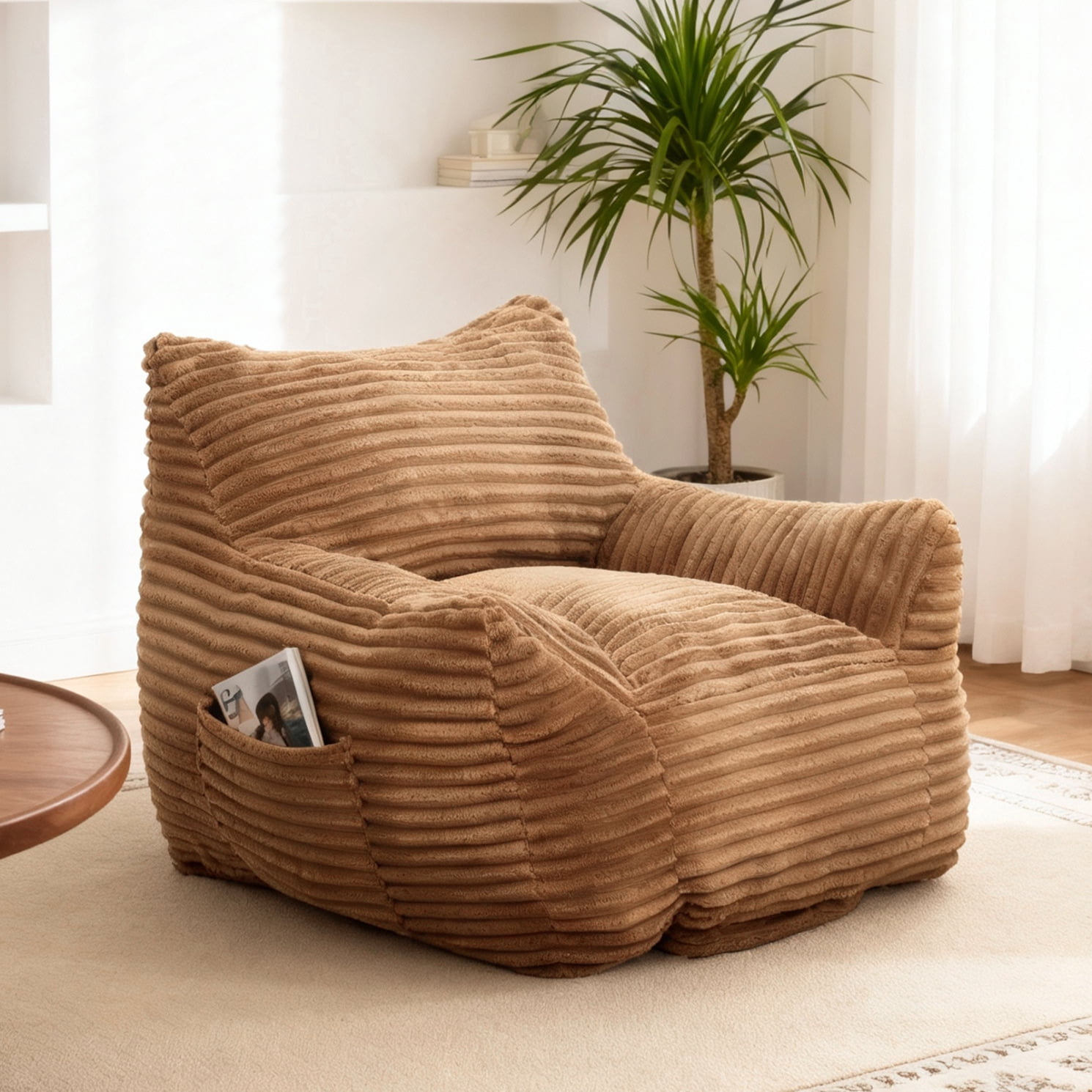 Bean Bag Chairs, Memory Foam Bean Bag Chairs for Adults, Living Room Lazy Sofa with Side Pocket for Bedroom & Dorm, Brown