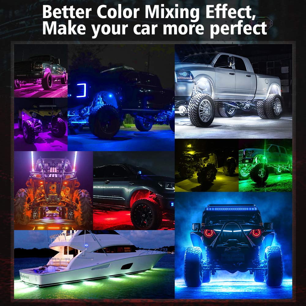 Music Mode MICTUNING 4Pcs RGB LED Rock Lights Timing Function Multicolor Underglow Neon LED Light Kit with Bluetooth Controller