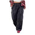 thumbnail image 1 of Large Size Work Pants Size Distressed Drawstring High Waist Loose Wide Leg Jeans Multiple Pockets, 1 of 6