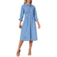 thumbnail image 4 of INSPIRE CHIC Women's Jean Dress Loose Fit 3/4 Sleeve Button Down Midi Denim Dress L Light Blue, 4 of 6