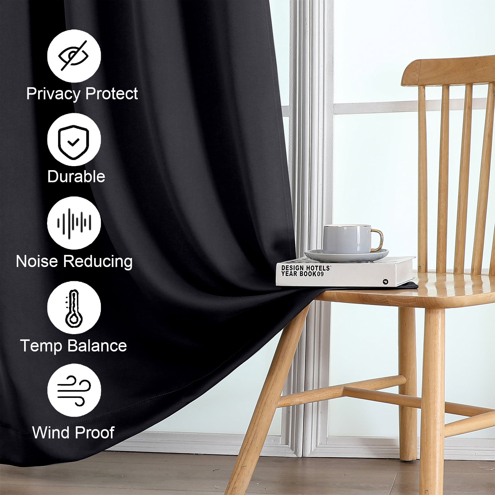 OVZME 63 Inch Blackout Curtains for Bedroom-2 Panels, Black Thermal Insulated Drapes, Room Darkening Rod Pocket Window Panels for Living Room, Each 37x63 Inch, Black