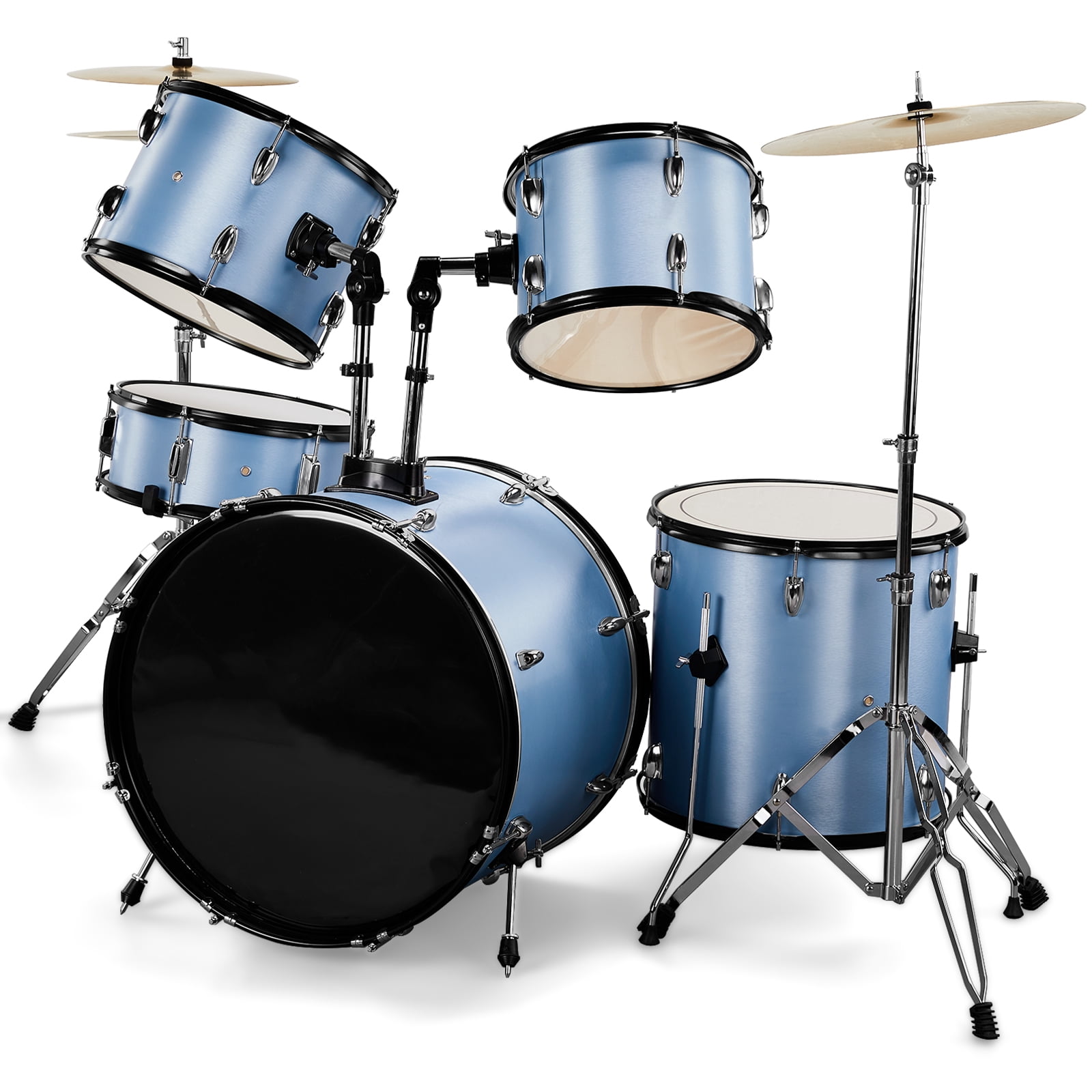 Full Size Adult Drum Set, 5-Piece Blue with Bass Drum, Two Tom Drum, Snare Drum, Floor Tom, 16" Ride Cymbal, 14" Hi-hat Cymbals, Stool, Drum Pedal, Sticks