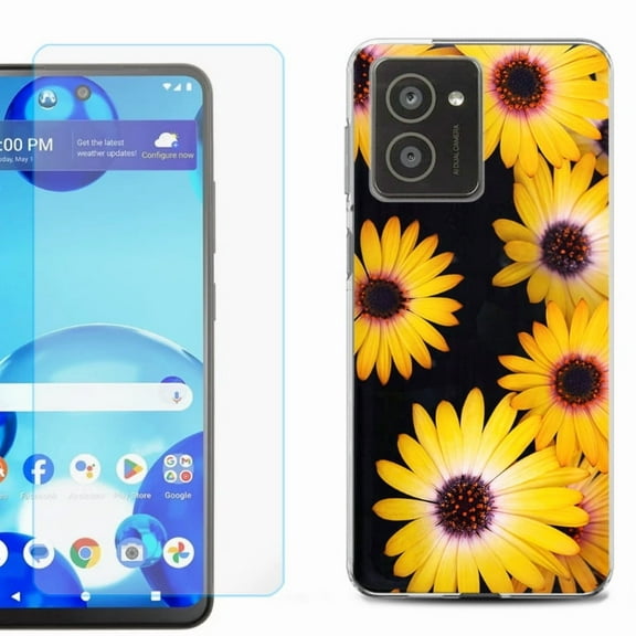 For HMD Vibe Shockproof Phone Case Cover with Tempered Glass Screen Protector, by OneToughShield - Yellow Flower