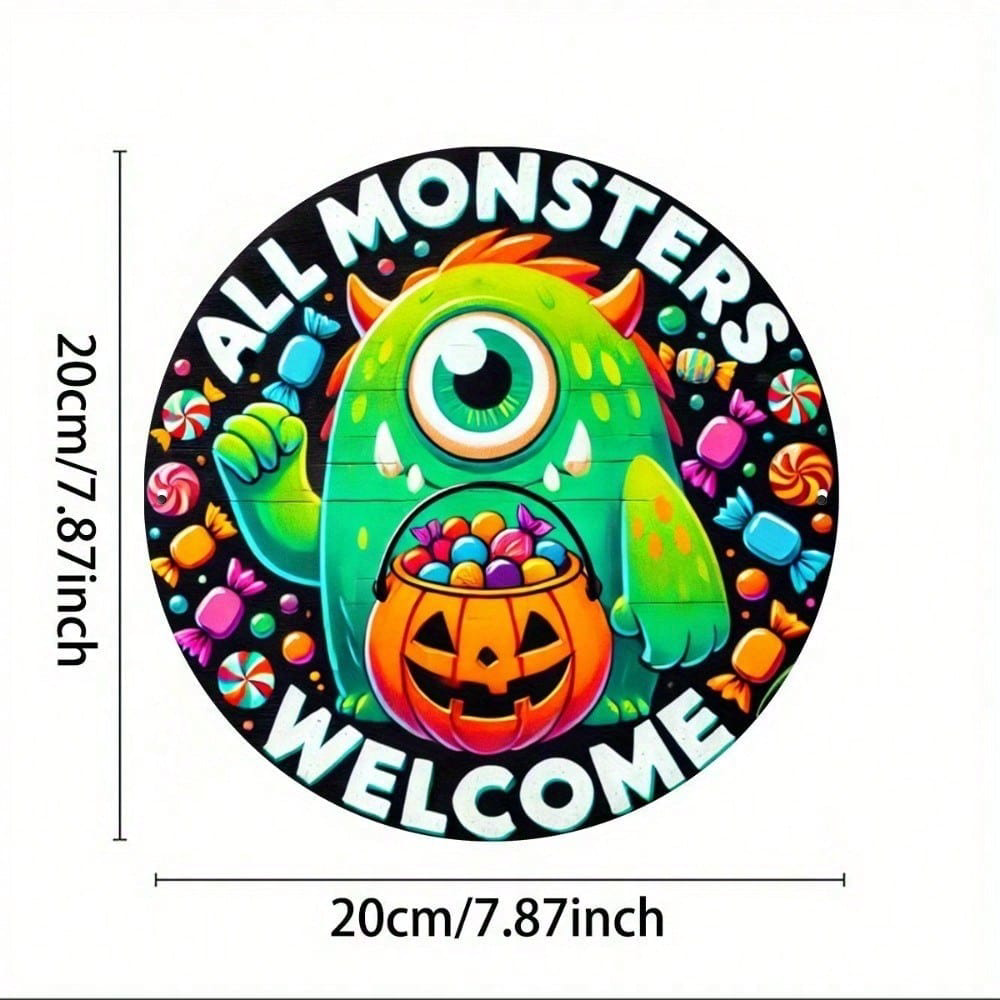8x8 Inch Round Halloween Metal Sign, 2D Flat Tin Wall Art, Monster Printed Rustic Vintage Decor For Home Bar Party