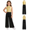 thumbnail image 6 of inlzdz Kids Girls Hip Hop Dance Outfits Retro 70s 80s Rock Disco Jumpsuit Flowy Mesh Overlay Pants Romper Gold 8, 6 of 7