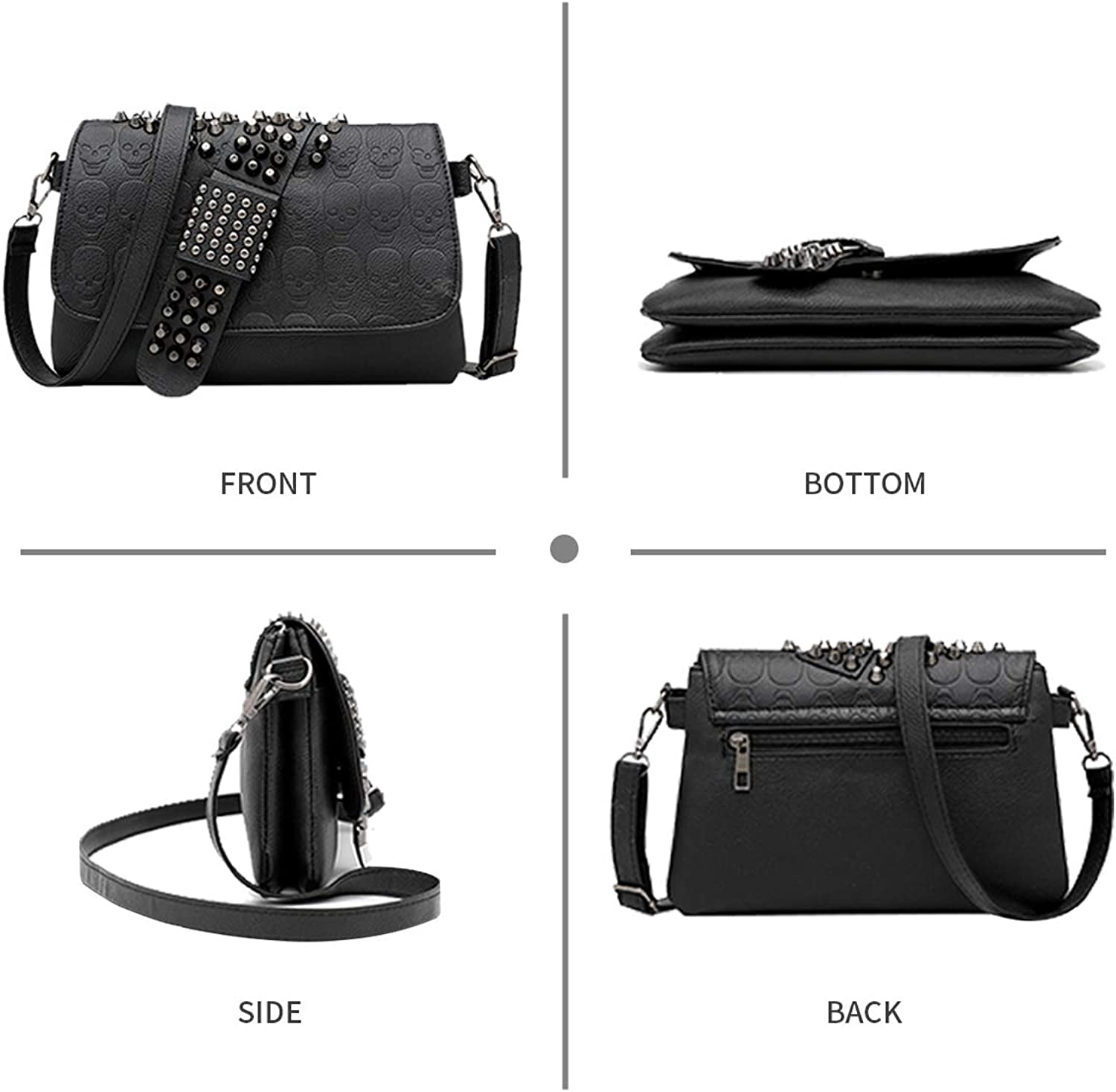 Womens Punk Skull Rivet Shoulder Bag PU Leather Goth Crossbody Bag with Chain Wallet Purse for Teen