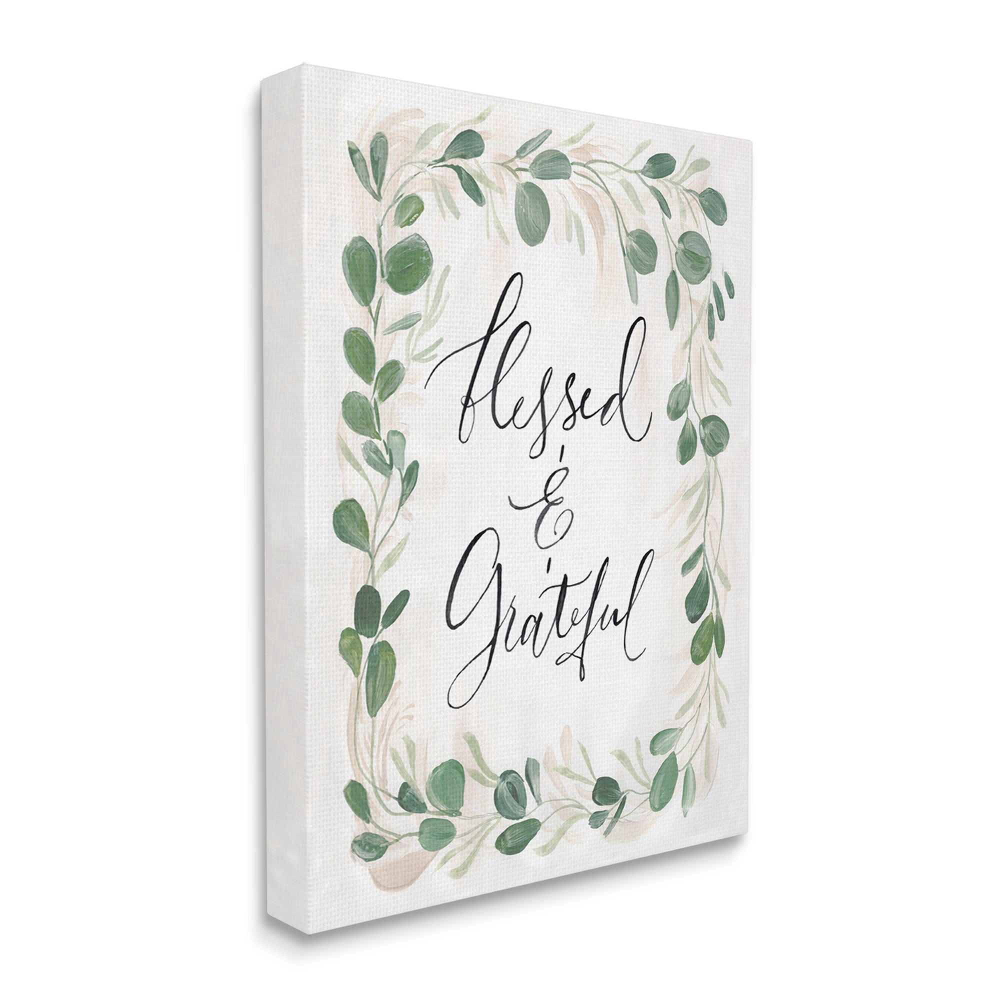 Stupell Industries Blessed & Grateful Botanical Eucalyptus Border Calligraphy Graphic Art Gallery Wrapped Canvas Print Wall Art, Design by Caverly Smith