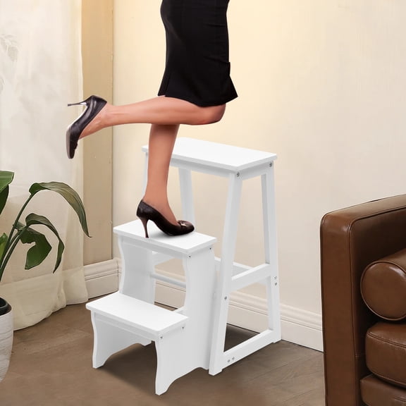 3 Levels Solid Wood White Folding Library Ladder Chair Lightweight Portable Multifunctional Step Stool with Weight-bearing Bar