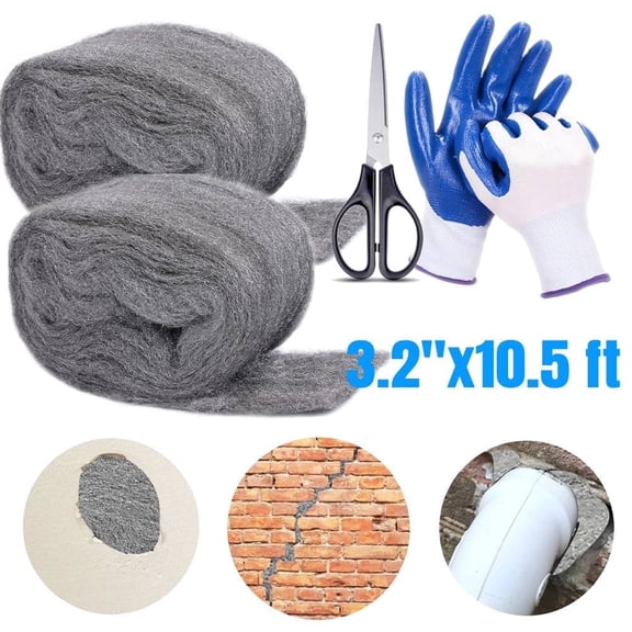 2 Rolls Steel Wool for Mice Control 3.2" x 10.5 ft Wool, Gap Filler for Home & Garage, DIY Bundle with Gloves & Scissors