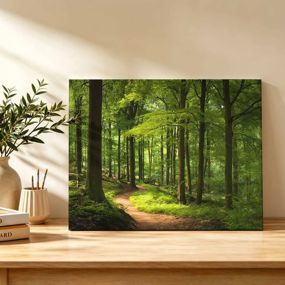 Forest Pathway Canvas Wall Art, Rustic Country Natural Green Tree Gold Sunbeam Wall Art Prints Artwork Framed Canvas Ready to Hang Art Pictures for Bathroom Bedroom Entry Desk Corner 10" x 8"