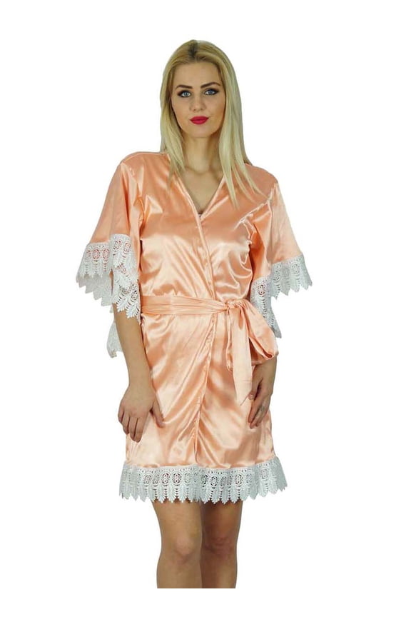 Women Kimono Sleeve Short Satin Robe Getting Ready Bride Bridesmaid Robe Lace Coverup