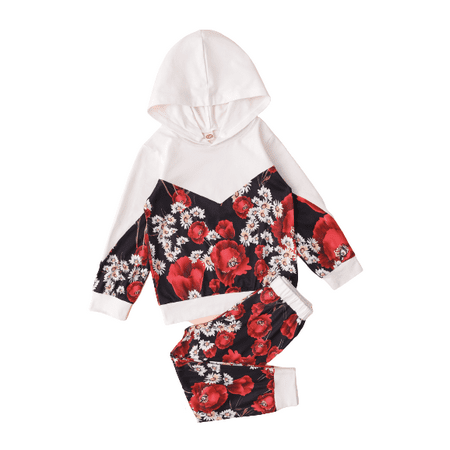 

Kucnuzki 4T Toddler Girl Fall-Winter Outfits Pants Sets 5T Long Sleeve Contrast Floral Prints Cozy Hooded Sweatshirt Tops Elastic Floral Prints Pants 2PCS Set White