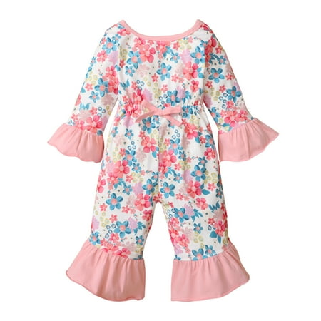 

KIMI BEAR Baby Girls Romper 2T Infant Girls Fall Winter Clothes Floral Print Trumpet Long Sleeve Jumpsuit 2-3T Pink
