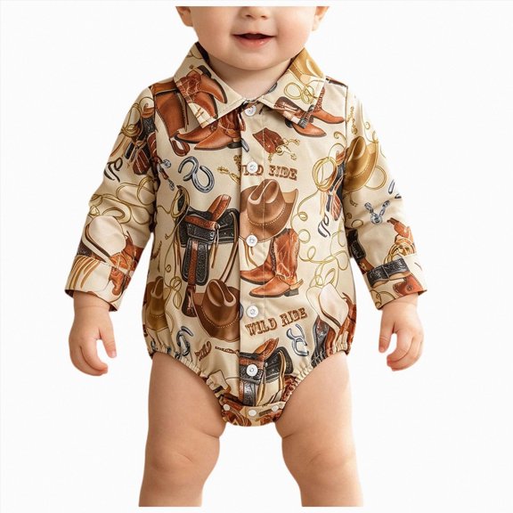 Gerichy Baby Boy Clothes Cowboy Shirt Romper Long Sleeve Button Down Dress Bodysuit 0 3 6 9 12 18 Months Infant Gentleman Outfits