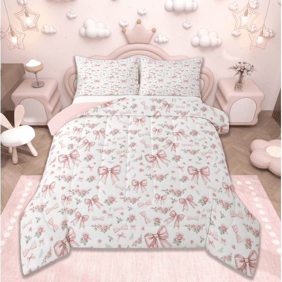 jejeloiu Kawaii Bow Flower Bedding Comforter Set,Girls Bow Knot Twin Comforter Sets,Pink White Bedding Set,Breathable Bedroom Decorative Reversible,2-Piece