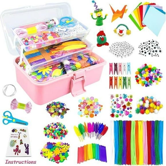 Purple Box Kids DIY Craft Kit - 1400 Pieces Crafting Supplies with Pom-Poms, Pipe Cleaners, Wooden Sticks, Feathers, Googly Eyes, Sequins, Safety Scissors & More - Educational Art Set for Creative