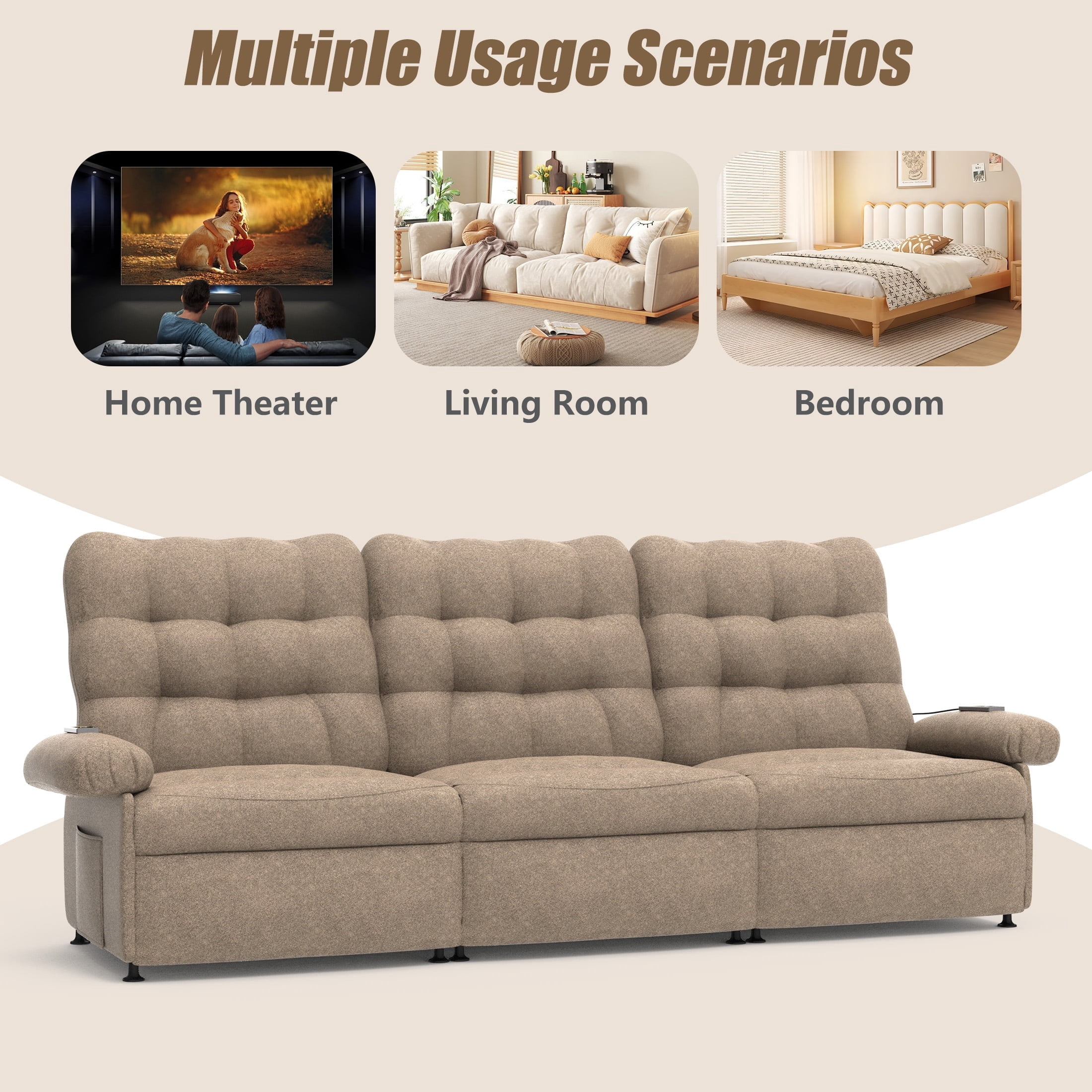 Recliner Sofa Couch Set, 3 Seat Electric Recliner with Remote Control and Side Pocket for Families and Friends, Modern Power Recliner Sofa for Living Room Home Theater, Deep Coffee