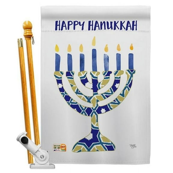 Breeze Decor BD-HK-HS-114173-IP-BO-D-US18-SB 28 x 40 in. Hanukkah Menorah Winter Impressions Decorative Vertical Double Sided House Flag Set with Pole Bracket Hardware