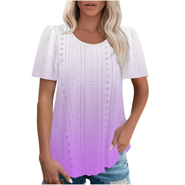 JMKQLZ Women's Spring/Summer Gradient Round Neck Sleeve Short Sleeve Top T-shirt