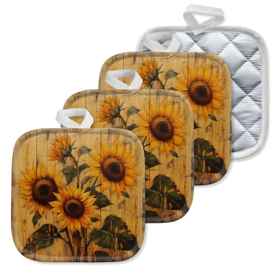 4Pcs Pot Holder for Kitchen, Rustic Sunflower On Wood Composition Square Heat Resistant Hotpads, 8x8in Non Slip Dirt-Proof Kitchen Cook Oven Potholders Machine Washable