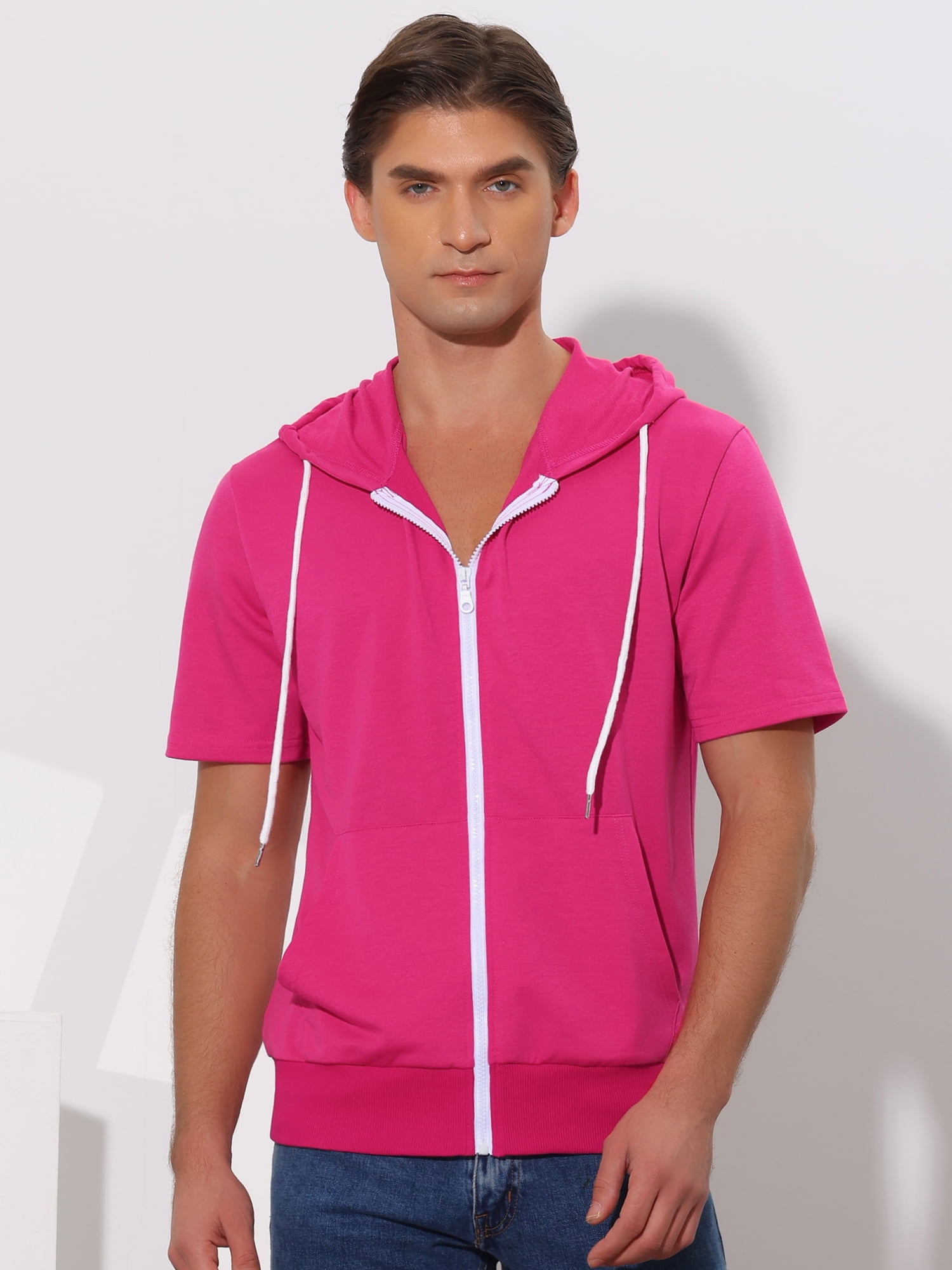 Unique Bargains Men's Short Sleeve Solid Color Zip Up Sport Hoodies S Rose Red