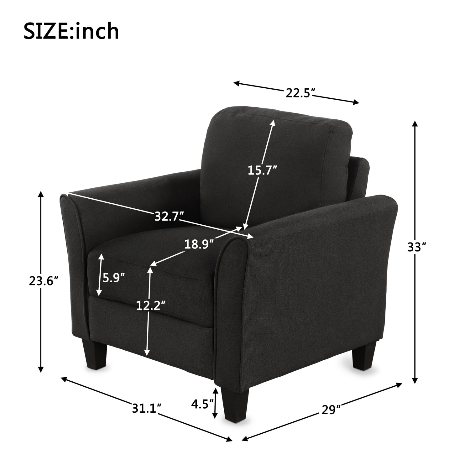 Kadyn Modern Linen Single Sofa Chair, Upholstered Accent Living Room Chair, Armchair Sofa for Reading, Lounging, Black