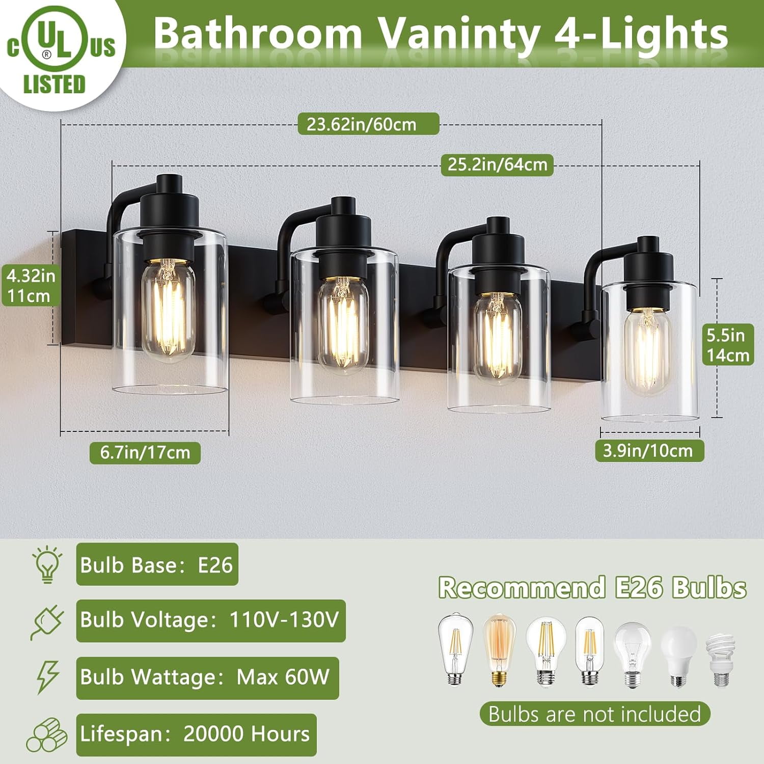 4-Light Bathroom Vanity Light Matte Black Bathroom Lights over Mirror with Clear Glass Shade for Bedroom,Living Room
