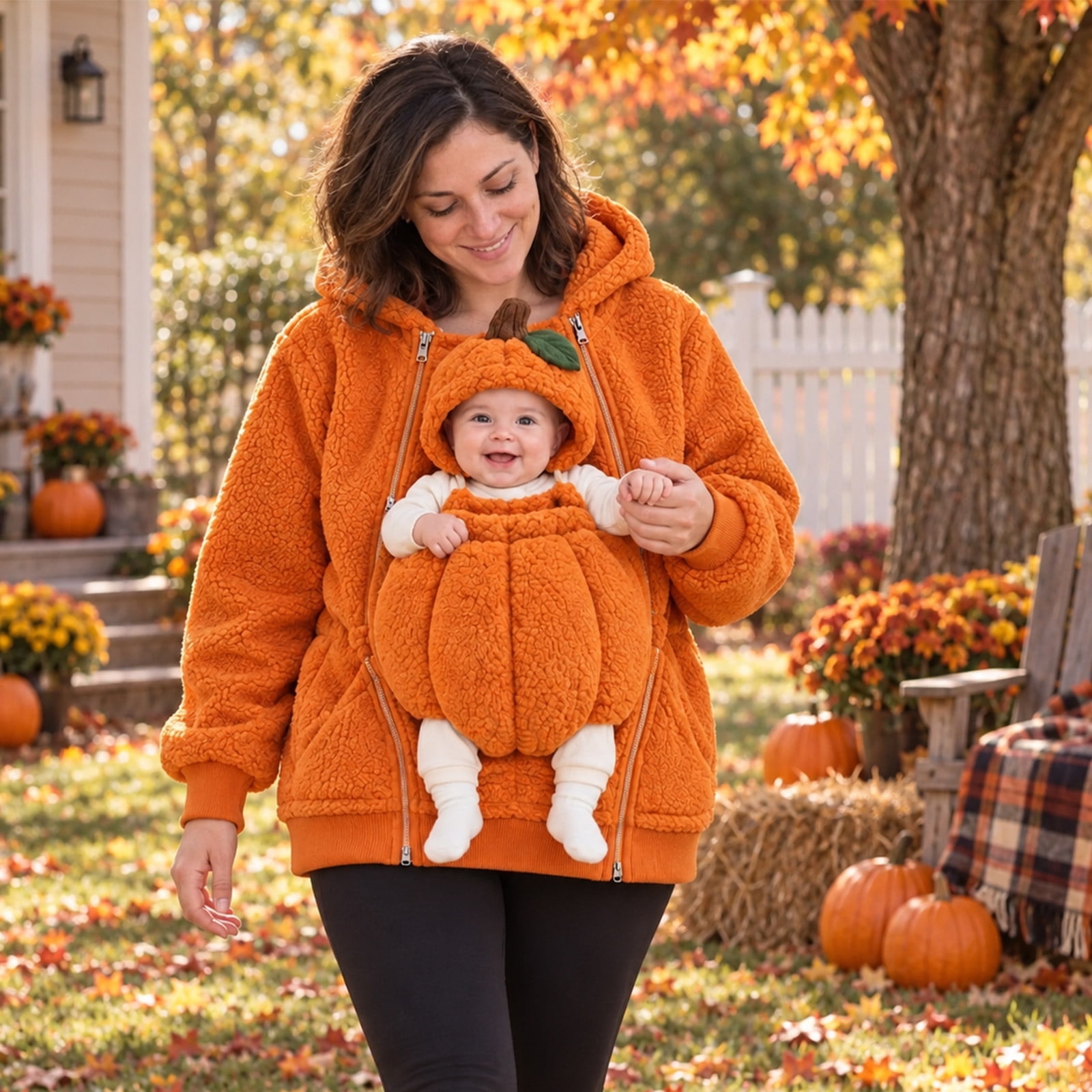 Halloween Maternity Baby Carrier Hoodie, Pregnancy Mommy Pumpkin Bat Costume Sweatshirt with Infant Onesie, Kangaroo Pocket Maternity Hoodie for Mom and Baby, Matching Outfit for Halloween Party