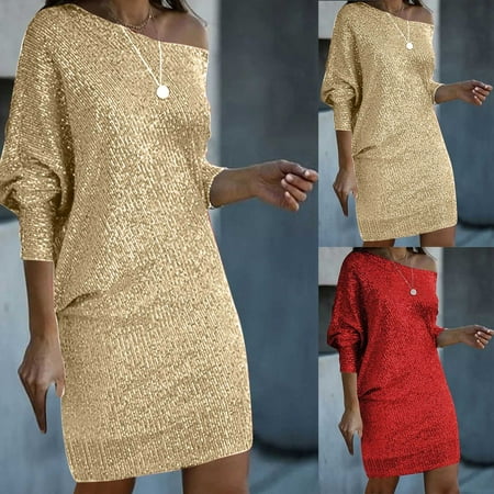 safuny Women’s Above Knee Party Dress Solid Sequins Shiny Trendy One Shoulder Winter Elegant Cocktail Evening Holiday Long Sleeve Autumn Dresses Gold S