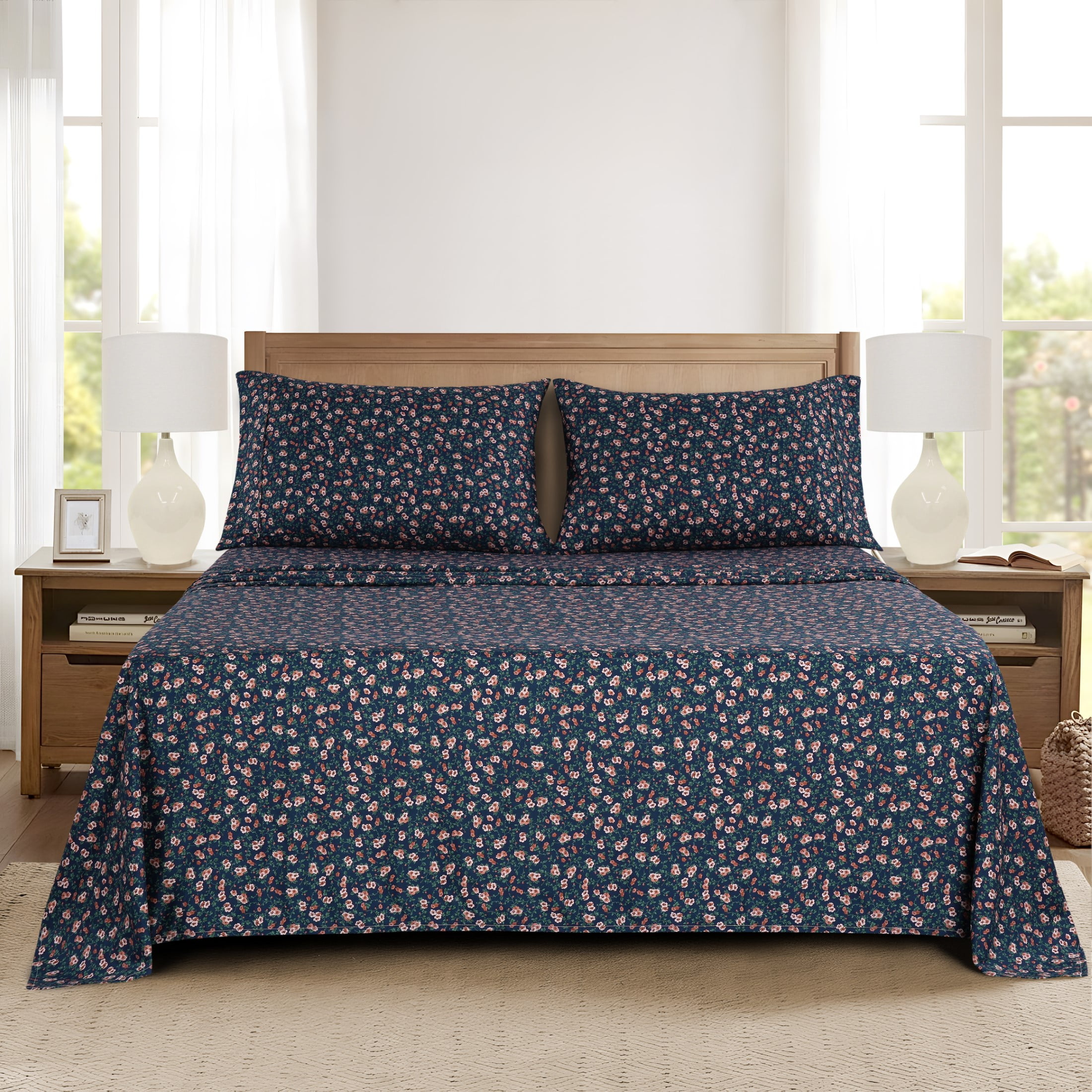 Mainstays Super Soft Brushed Microfiber Pillowcase Set, Blue Multi Floral, King, 2 Piece