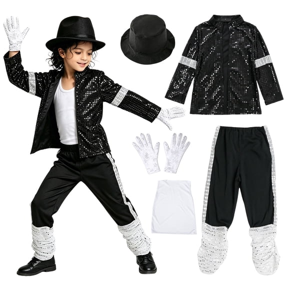 Pop Star 𝐂ostume Set, Black Sequin Jacket, Trousers, Hat, Gloves, 80s Retro Stage Outfit, 7 Piece Boys Fall Clothes