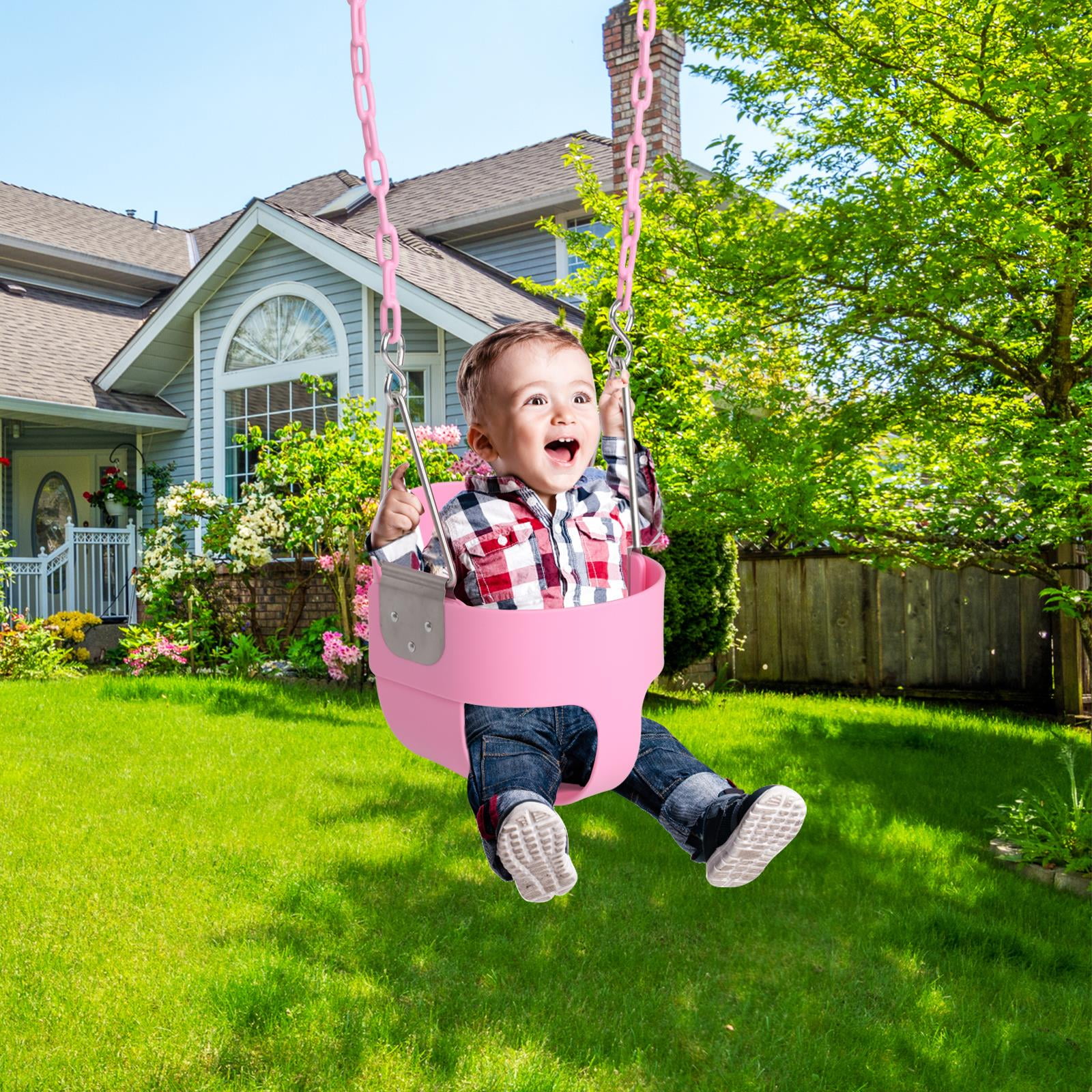 SWING SET STUFF HIGHBACK 1/2 BUCKET SEAT PINK WITH CHAINS AND HOOKS wooden 0046 