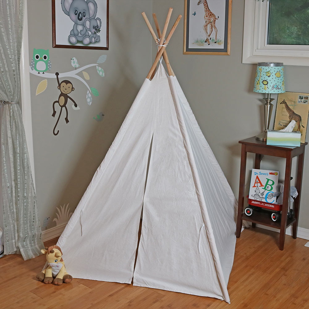 Kids Tent Indoor White Portable Canvas Play Tent by OUTREE Living rooms Painting Teepee Tent for Kids with 4 Wooden Poles Ideal for Children Bedrooms Playrooms 