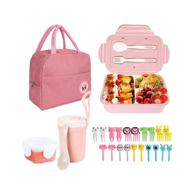 Loncheras para Niños Adultos Gran Capacidad, Caja Bento de Fugas con Compartimentos y Termo de Sopa, Caja Fiambrera Sellada Kit para Microondas y Cubiertos (Rosa-Rosa, 27PCS)