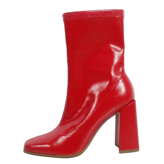 Delicious Women's Square Toe Mid Calf Block Heel Ankle Bootie, Red , 6 M US