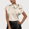 thumbnail image 2 of JGGSPWM Womens Silk Satin Bow Tie Neck Short Sleeve Button Down Dressy Casual Office Work Elegant Blouses Tops Beige M, 2 of 7