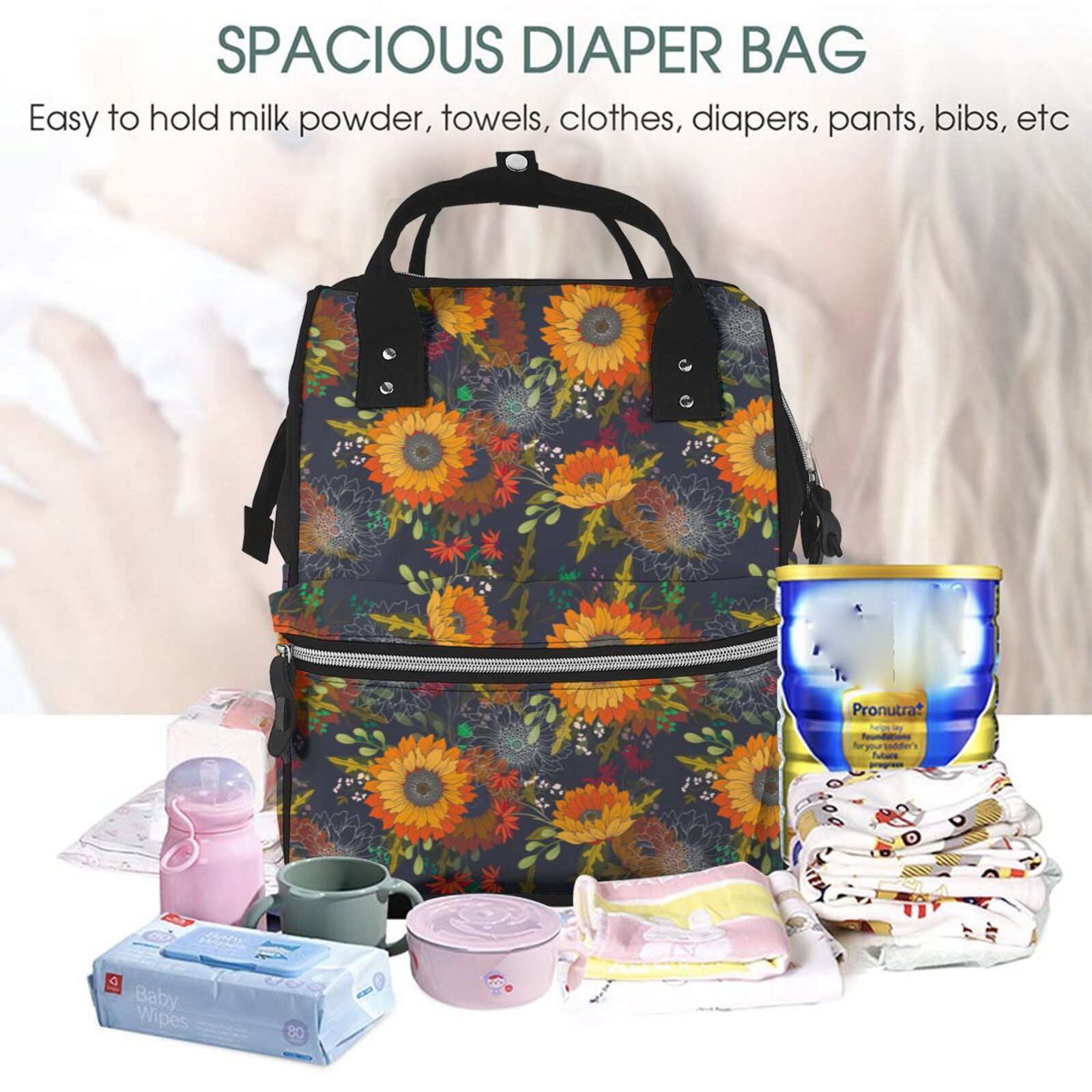 Fuzoiu Sunflowers Print Diaper Bag Backpack,Baby Essentials Travel Tote,Multi function Waterproof Diaper Bag, Travel Essentials Baby Bag - Unisex