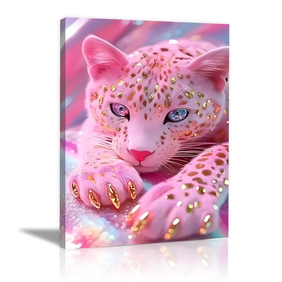 Mudket Pink Gold Glitter Leopard Cub Canvas Wall Art, Cute Fantasy Glam Animal Wall Art for Bedroom Print for Baby Nursery Home Decor , Framed Ready to Hang - 12"L x 8"W