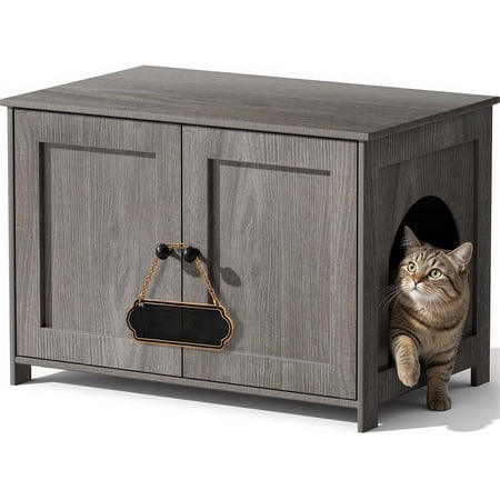 Litter Box Enclosure Furniture, Proof Kitty Washroom Cabinet with Odor Control, Low Entry Wooden House Cabinet Indoor, Style End Table/TV Stand with Storage, Oka Grey