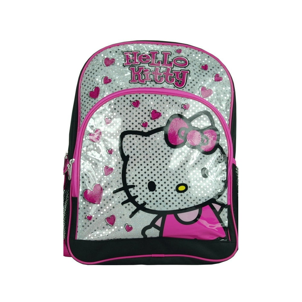 Hello Kitty Backpack Silver w/Hearts Large School Bag Girls New