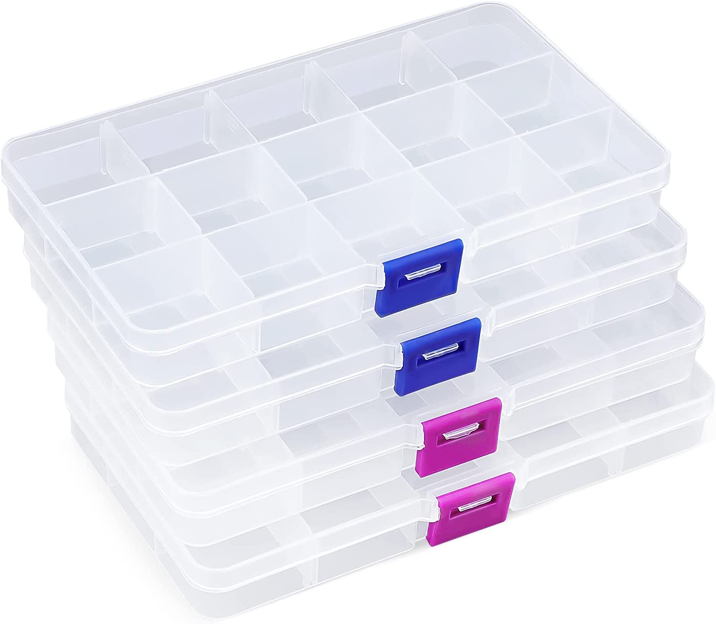 TRIANU 4 Pack Transparent Small Plastic Jewelry Organizer Box, 15 Grids  Plastic Storage Containers with Removable Dividers for Art and Crafts,  6.81*3.85*0.9 inches 