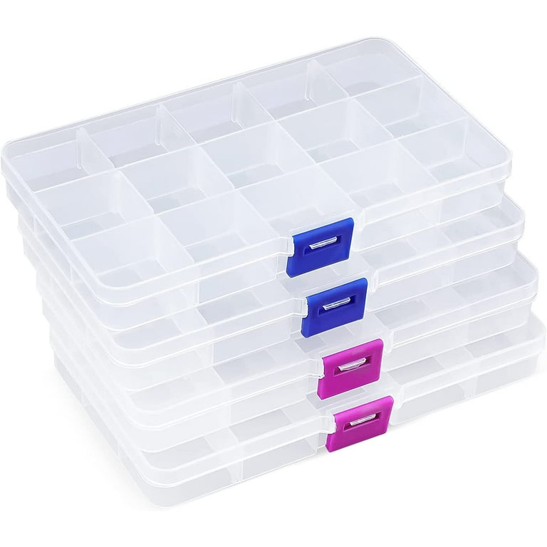 TRIANU 4 Pack Transparent Small Plastic Jewelry Organizer Box, 15 Grids  Plastic Storage Containers with Removable Dividers for Art and Crafts,  6.81*3.85*0.9 inches 
