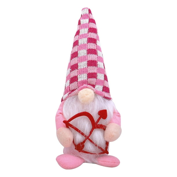 Figura de gnomo de San Valentín | Decoración de corazón de Cupido con arco y flecha | Enano sin rostro con sombrero rosa para una decoración romántica en estanterías, repisas o escritorios.
