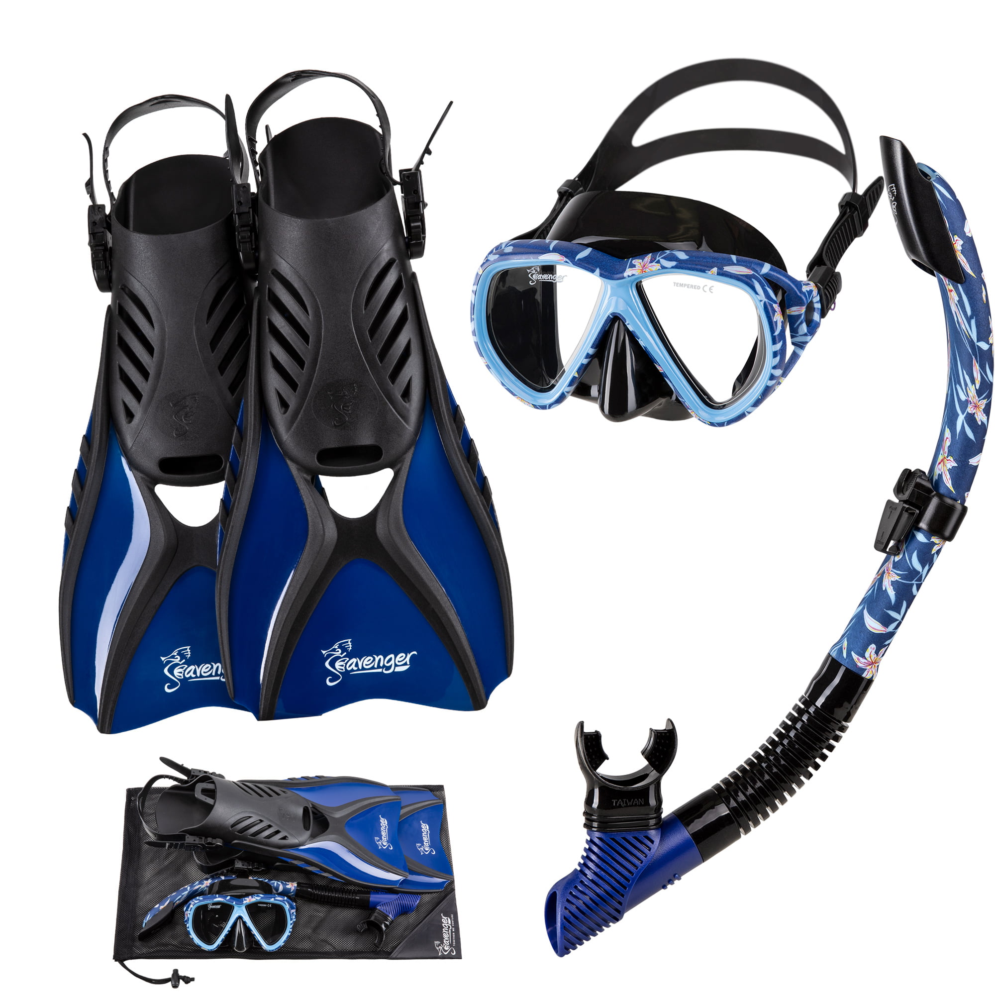 Seavenger Adults Kids Dry Top Snorkel Mask Fins Bag Travel Set Beach Lake Blue 