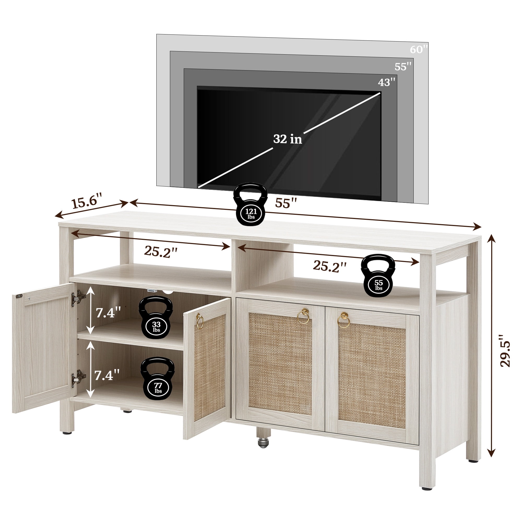 SICOTAS Boho TV Stand for TVs up to 65", Rattan 29.5" Tall Entertainment Center with Storage Cabinets & Adjustable Shelves , TV Console Table for Living Room, White Oak