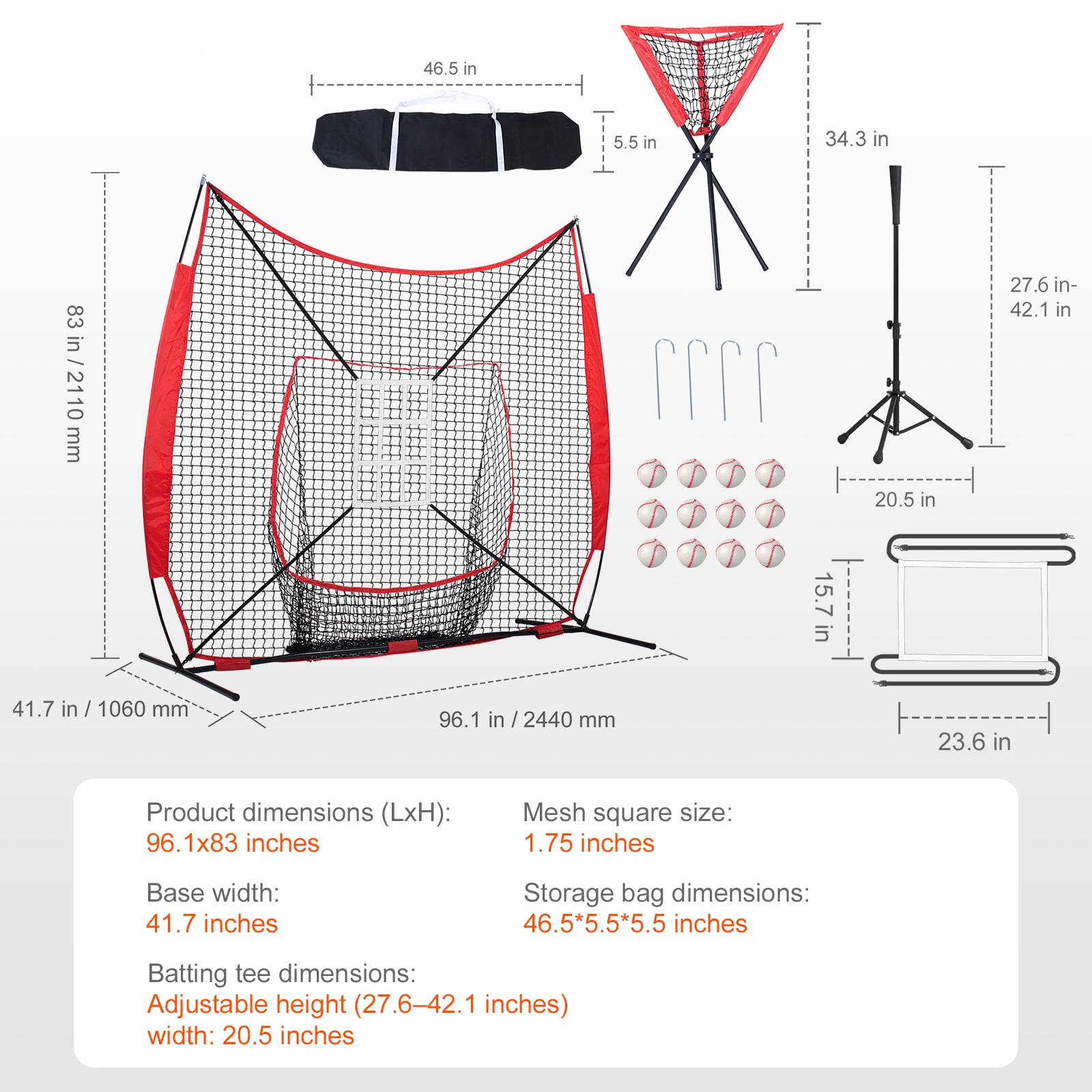 KFFKFF 7x7 ft Net for Baseball Softball Drills, Movable Training Mesh for Batting Catching Throwing, Backstop Gear with Arc Structure, Transport Sack, Target Area, 12 Spheres, Stand
