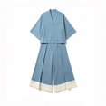 thumbnail image 4 of Women Two Piece Set 3/4 Sleeve V Neck Tops and High Waist Wide Leg Pants with Contrast Hem Summer Cotton Linen Outfits, XL, 4 of 5