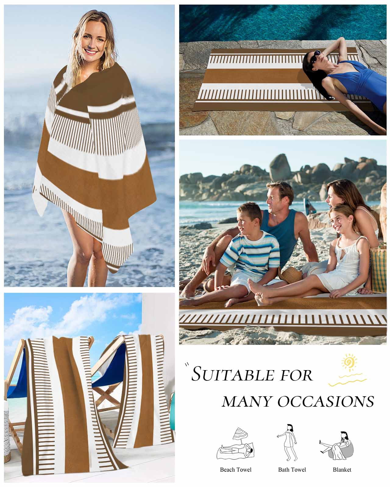 Modern Brown Beach Towels Oversized Super Absorbent, Boho Contemporary Geometric Striped Lightweight Bath Towel Quick Dry Sets For Bathroom/Pool/Rv Camping/Beach Play/Gym Room/Picnic 35"x70"